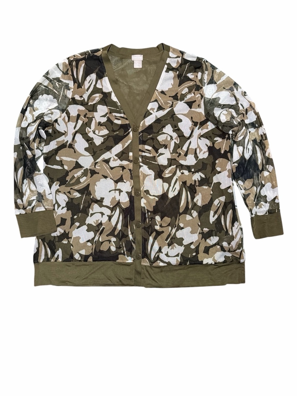 Chico’s Camo Button Front Blouse Top Long Sleeve Stretch Size XL Chicos Size 3
